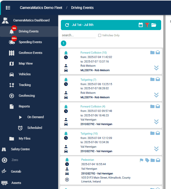 Driver events page - ADAS alerts
