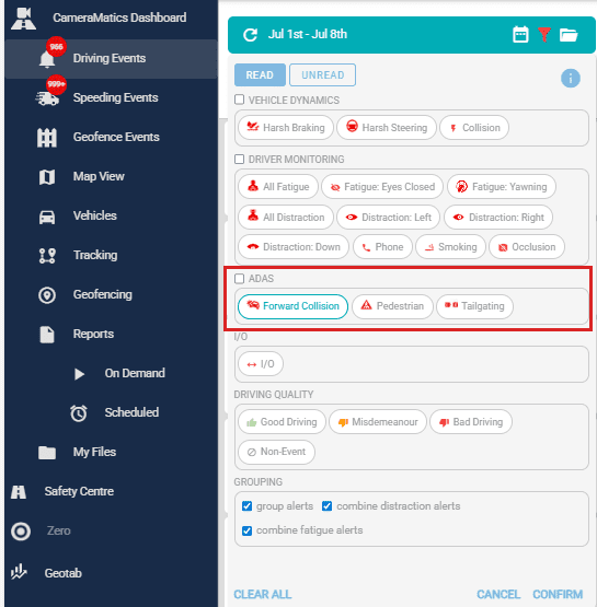 Reports and exports - ADAS alerts